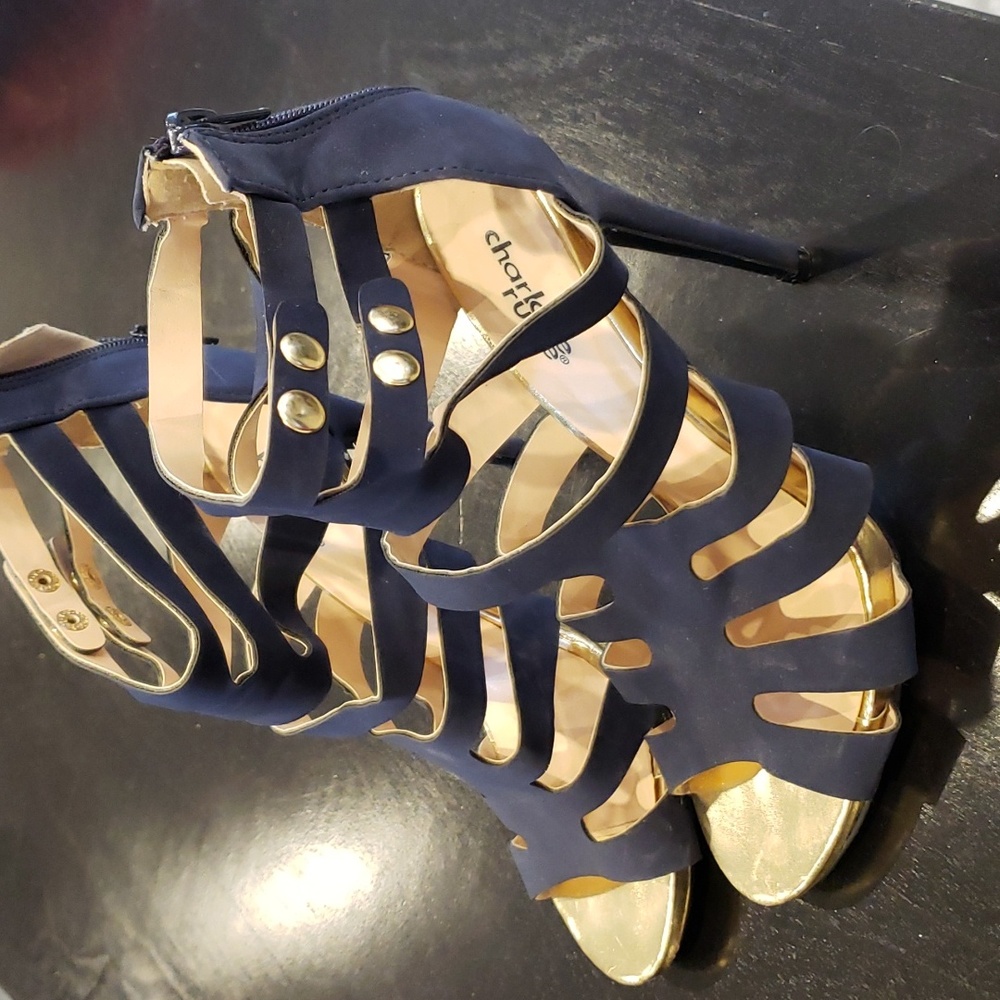 Womens strappy sandals size 8 navy blue with gold